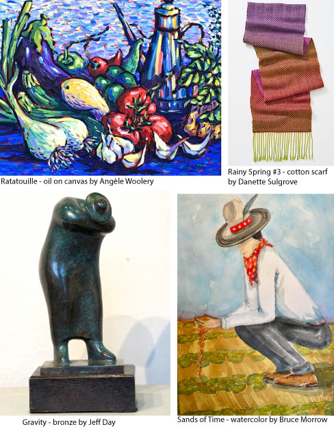 Image showing art work: Sands of Time - watercolor by Bruce Morrow, Gravity - bronze by Jeff Day, Ratatouille - oil on canvas by Angèle Woolery, and Rainy Spring #3 - cotton scarf by Danette Sulgrove