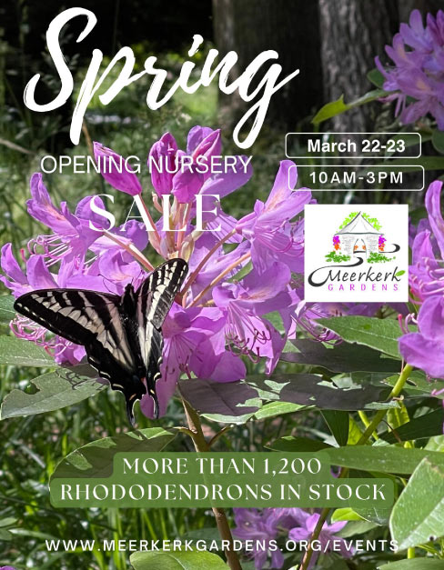 poster with an image of a purple rhododendrons bloom with a butterfly. Also details that are listed in this event