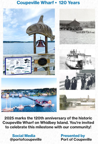 back of Coupeville Wharf 120th anniversary poster shows current and historic photos