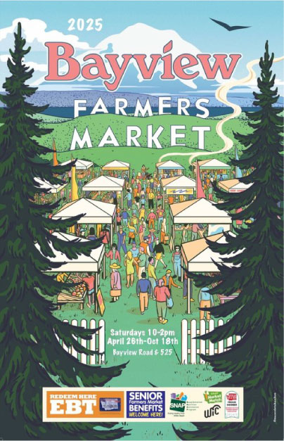 poster with a colorful illustration of the market along with details from this listing