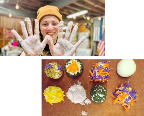 2 images: 1. Fresh Cheese Workshop instructor Meghan McKenna with cheese coated hands and 2. a selections of homemade cheese