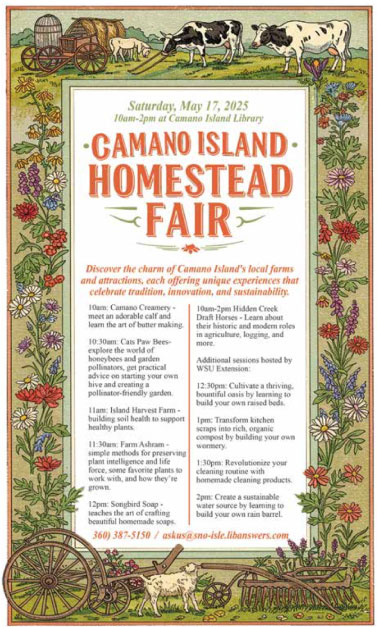 A poster with illustrations of a farm setting with cows and flower along with event details form this listing