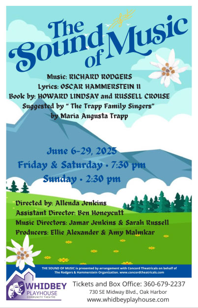 Poster iwuth illustration of a grass field and mountains along with event details matching this listing