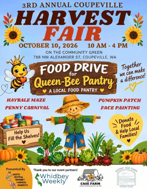poster with illustration of a scare crow and words 3rd annual Coupeville Harvest Fair October 10 for 10am - 4pm