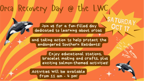 Event poster with an orange border. The word say Orca Recovery Day @ LWC along with addition details that match this listing