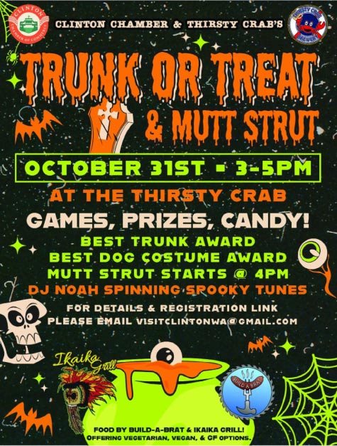 Poster with black background with illustrations of skulls and eyeballs along with the words Trunk or Treat October 31st at The Thirsty Crab