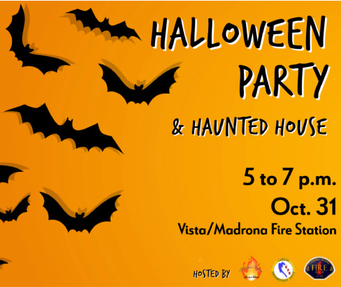 Image with orange background tithe black bats and an scary house with the words Halloween party and Haunted House along with details that match this listing