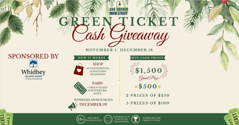 illustration with pine branches with the words Green Ticket Giveaway along with details that match this listing