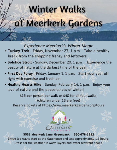 Snow cover mountain with the words Winter Walks at Meerker gardens along with details that match this listing