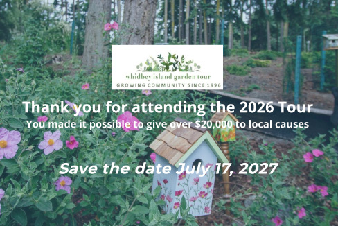 Image of a flower and the Whidbey Island Garden Tour logo with the date July 17, 2027 Save the Date