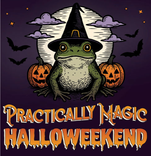 graphic with a frog wearing a witch hat with pumpkins on each side along with the word practically magic halloweekend