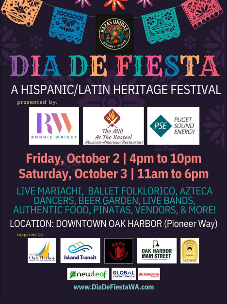 black poster with colorful type that says Dia De Fiesta along with event details that match this listing
