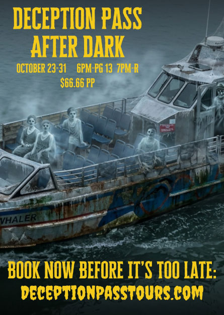 poster with an image of an old boat and ghost sitting on the boat, along with the word Deception Pass After Dark, including details that match this listing