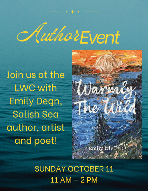 Poster with green water background along with the words Author Event Sunday October 11 11am - 2pm along with additional details that match this listing