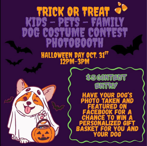 Trick or Treat Camano illustrations of a dog in a ghost costume alone with details that match this listing
