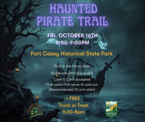 image of an old ship sailing during dark with the words Haunted Pirate Trail. Along with details that match this listing