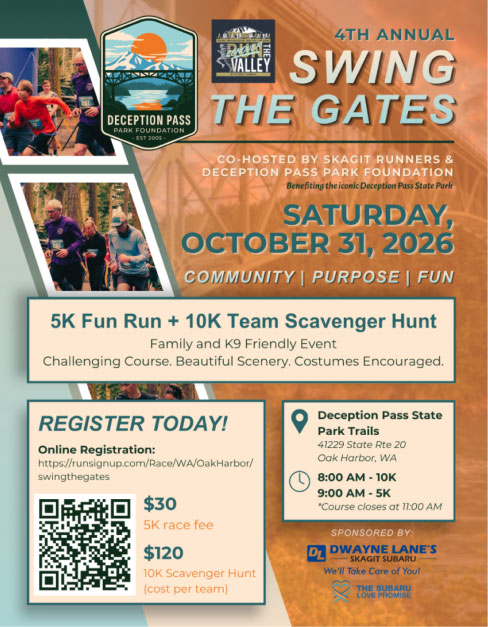 Poster with a Deception Pass Bridge and the word 4th Annual Swing the Gates along with details that match this listing
